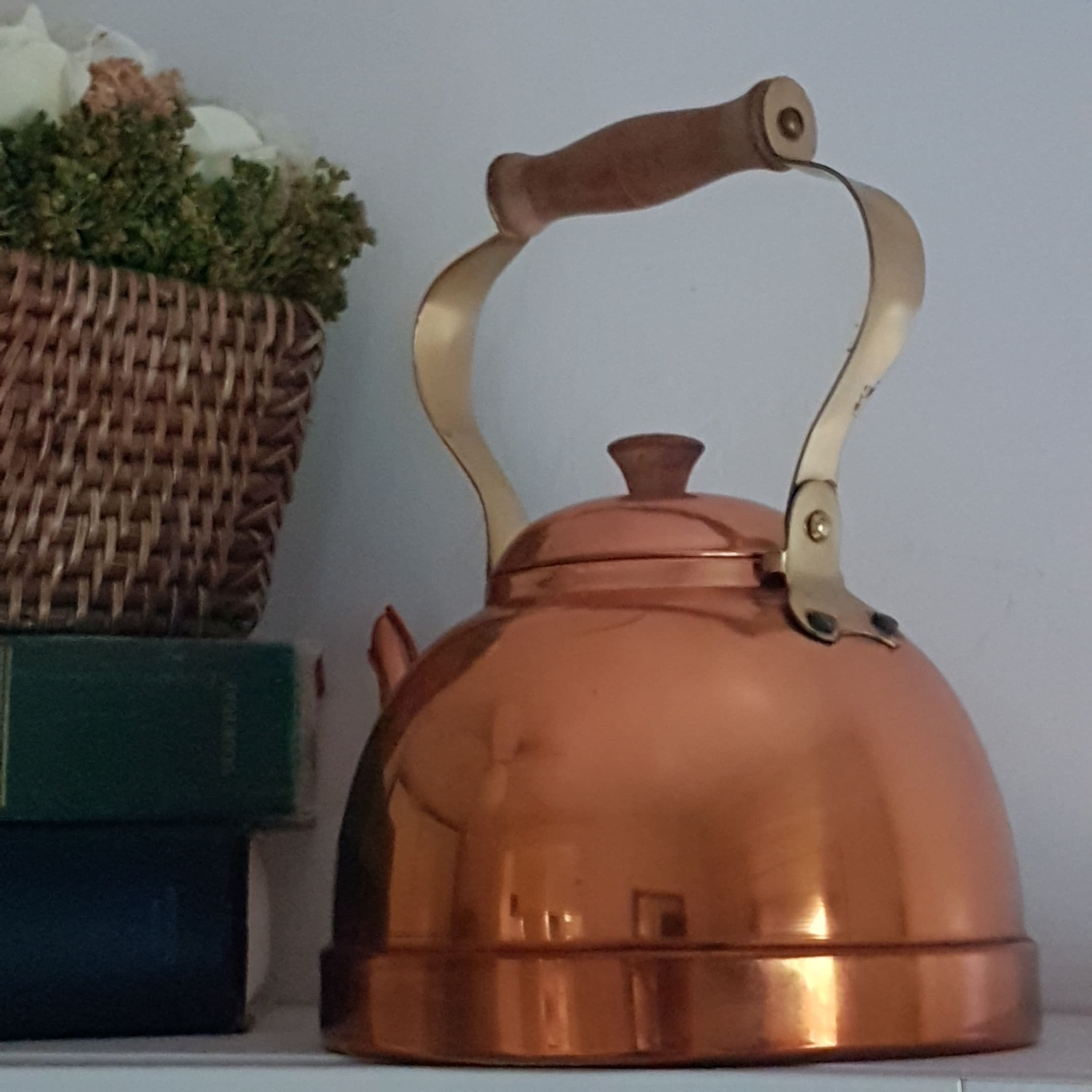 Vintage Stovetop Copper Tea Kettle with Brass and Wood Handle, Made in