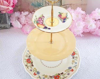 Handmade 3 Tier Cake Stand Unique Fruit & Floral Tiered Dessert Serving Tray in Cream and Pastel Yellow