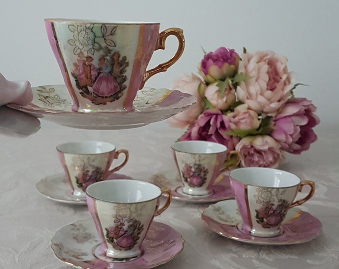 Bulk Lot of 5 Little Pink Tea Cup and Saucer, Courting Couple with Pearl Lusterware, Set of 5 Tea Cups, Made in Japan, Tea Party