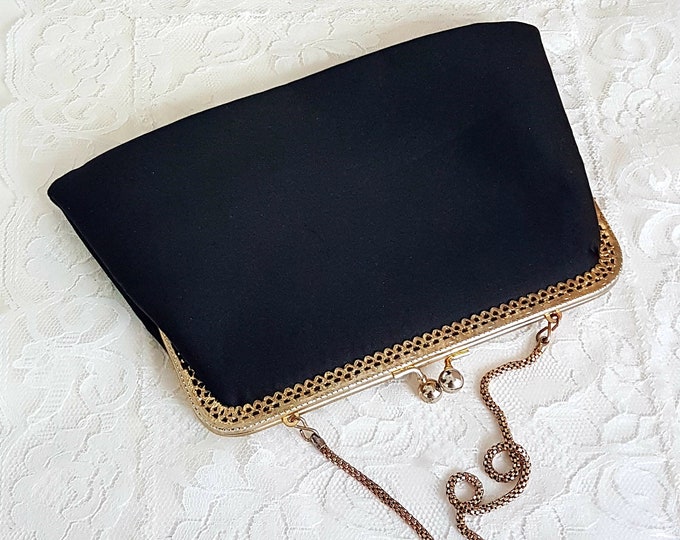 Black Evening Bag with Gold Tone Filigree, Vintage Hang From Wrist Purse, Converts to Clutch, Hong Kong, 1960s