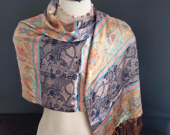 Sciarpa Scialle Artigianale Paisley Misto Lana - Viola E Rosa Floreale Con Frange