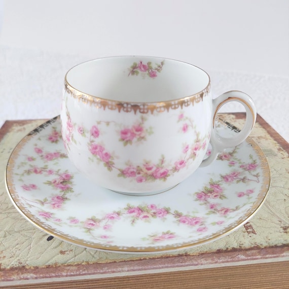 MZ Austria Bridal Rose Tea Cup and Saucer Vintage Porcelain Pink Rose Gold Gilt