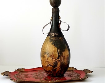 Whiskey Decanter, Vintage Leather Wrapped Bottles From Italy, Hunting Cavalry Scene, Shelf Decor, Home Office, Man Cave Decor, Made in Italy