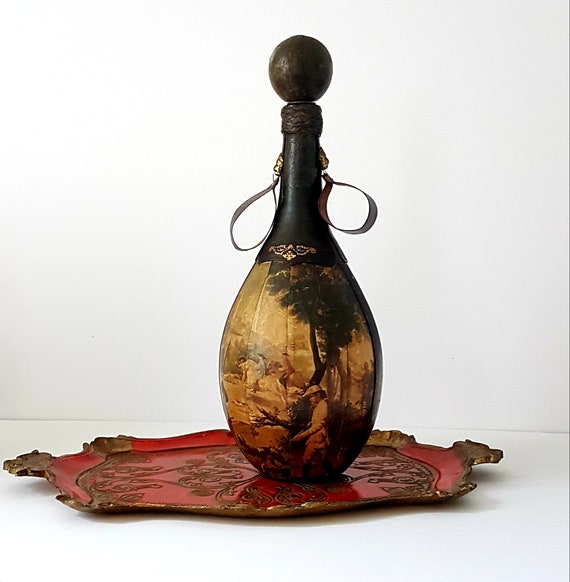 Vintage Leather Wrapped Whiskey Decanter: Italian Hunting Scene