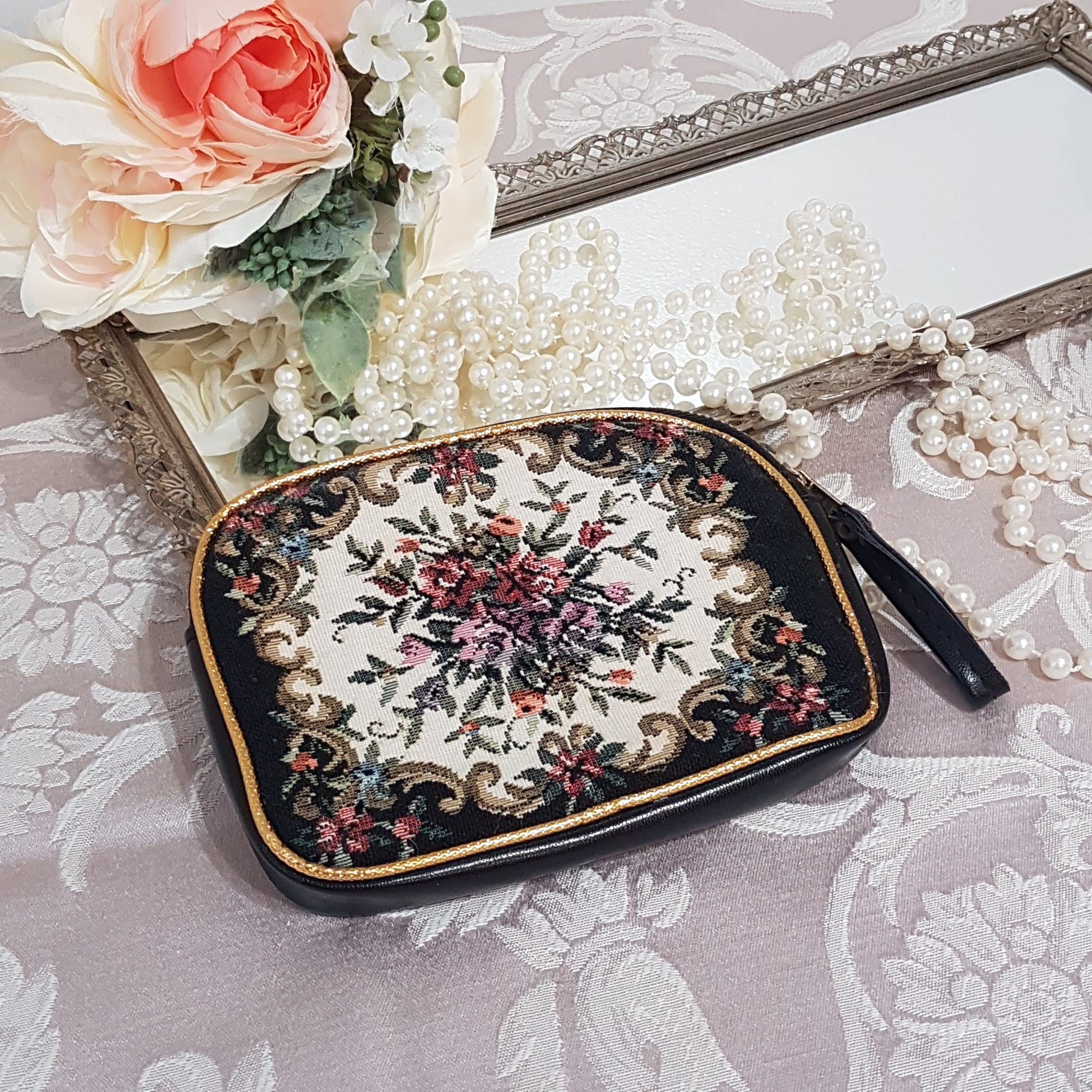 Romantic Floral Tapestry Evening Purse with Finger Strap, Hong Kong, 1960s