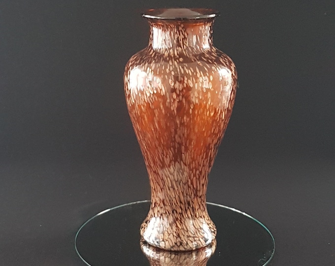 Vintage Brown Blown Glass Vase with Pink Sparkles - 11 Inch Tall Art Deco Bouquet Holder