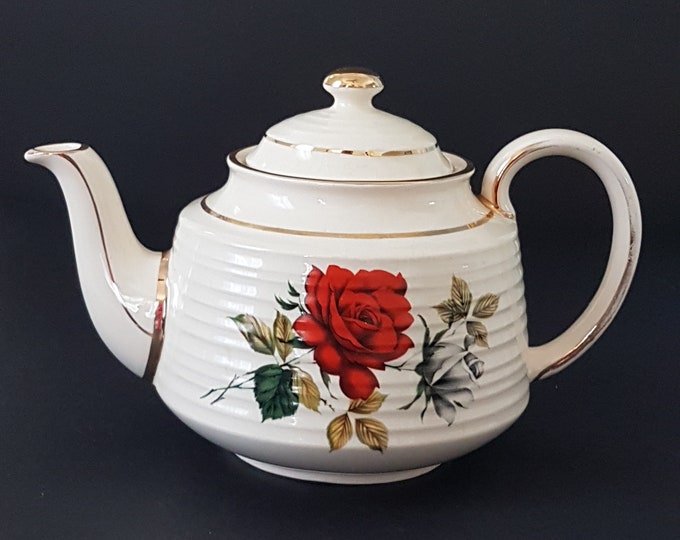 Sadler Teapot, Red Gray Roses, Sadler 3634, Horizontal Ribs, Gold Accents, Made in England, 1940s