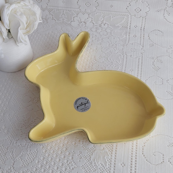 Handcrafted Portuguese Ceramic Bunny Dish - Yellow Easter Trinket Tray & Candy Bowl