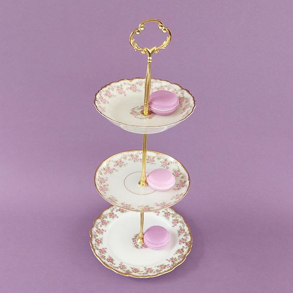Antique Limoges Elite Works Small 3 Tier Cake Stand Mini Pink Floral Dessert Tower
