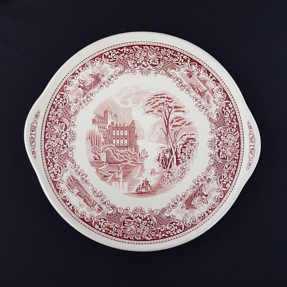Vintage Myott Cambridge Ironstone Cake Plate Red Transferware English Dinnerware Serving Platter