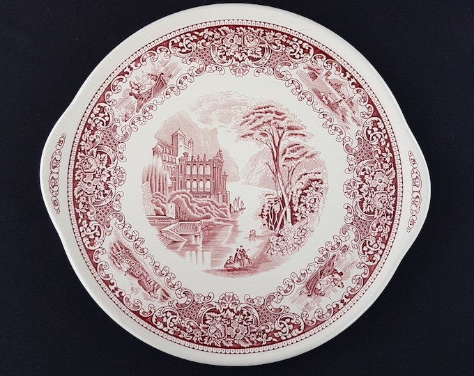 Vintage Myott and Son CAMBRIDGE OLD ENGLAND Ironstone 12 inch Round Cake Plate, Red Transferware Platter, Made in England