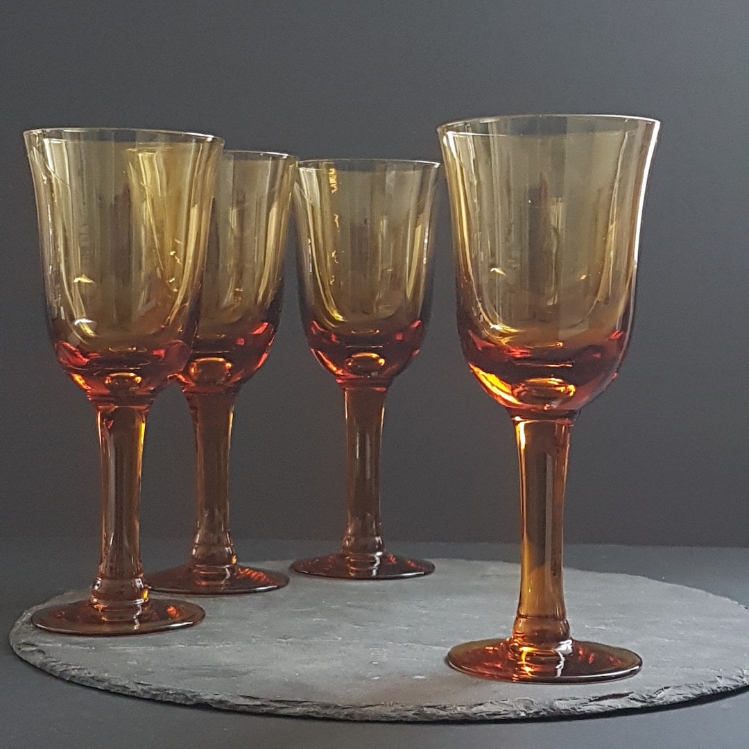 Amber Wine Glasses, Blown Glass, Vintage Wine Glass Set of 4, Wine