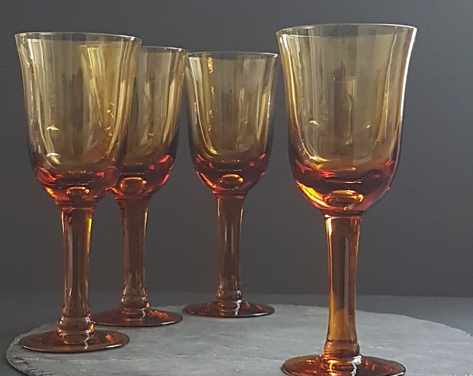 Amber Wine Glasses, Blown Glass, Vintage Wine Glass Set of 4, Wine Goblets