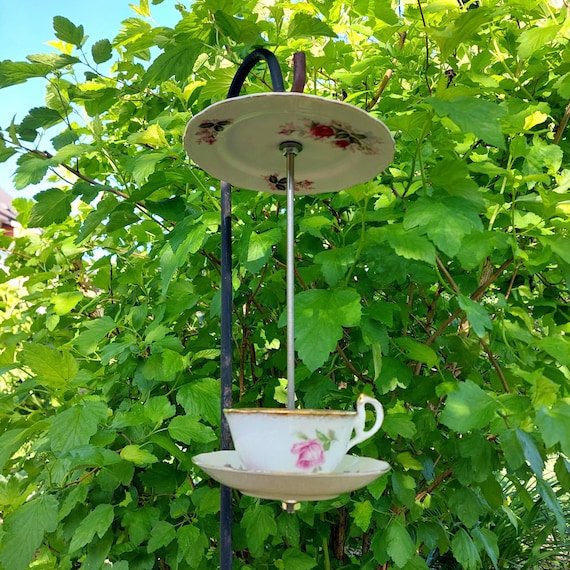 Vintage Teacup Bird Feeder with Rain Guard, Upcycled Porcelain Garden Decor, Bird Lover Gift