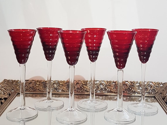 Vintage Cranberry Red Shot Glasses - Bee Hive Ribbed Design, Set of 6