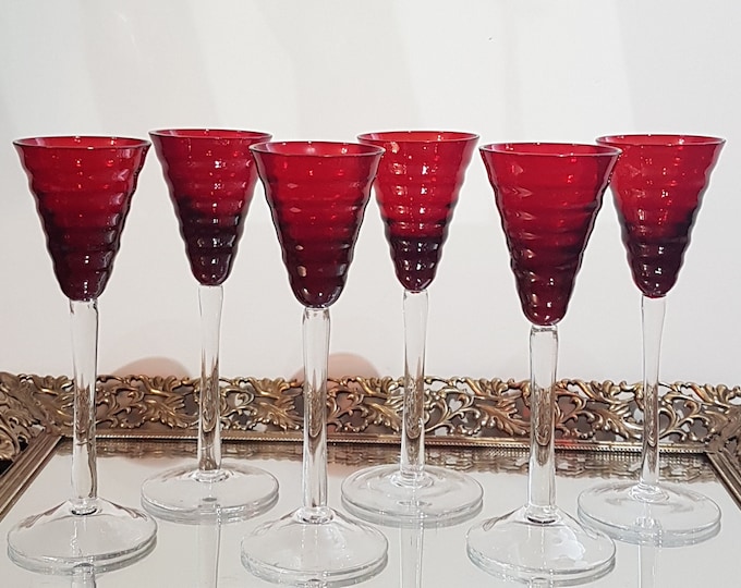 Vintage Cranberry Red Shot Glasses, Set of 6, Red Bee Hive Shaped Cup with Clear Stem