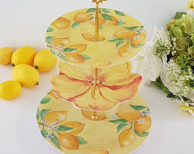 3 Tier Cake Stand NEW MELAMINE Plastic Plates, Yellow Flower & Lemons Pattern, Outdoor Entertaining, Tea Party, Melamine Tray