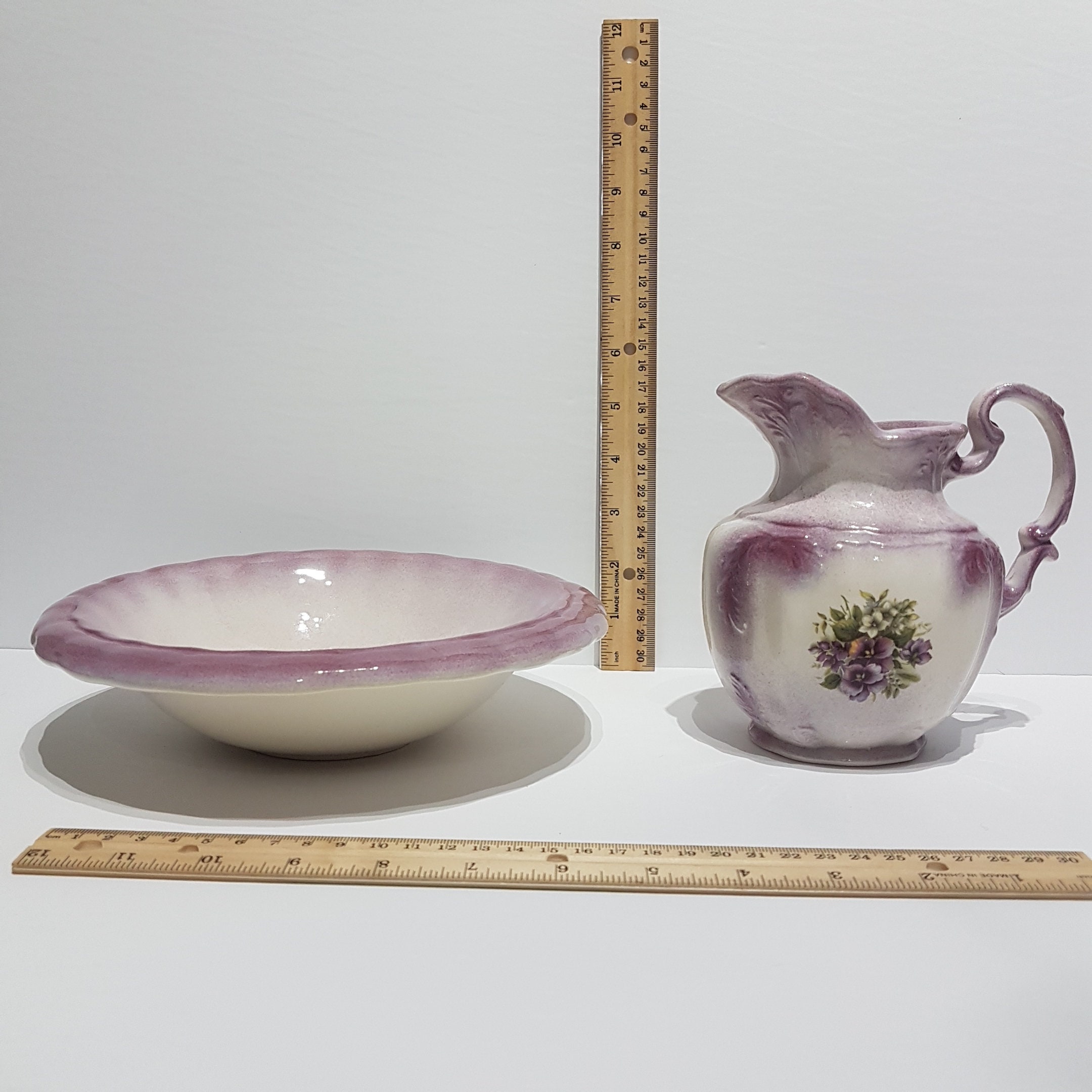 Vintage Arner's Ceramic Purple Violets Floral Pitcher & Basin Set