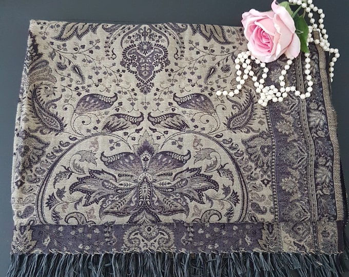 Shoulder Wrap, Plum Purple, Paisley Floral, Vintage Large Scarf, Blanket Scarf, Table Runner or Wall Hanging