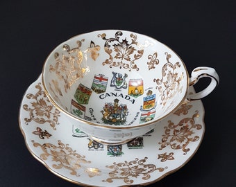 Tea Cup and Saucer, Vintage Paragon CANADA Teacup, Canada Provincial Coat of Arms and Emblems, 1960s