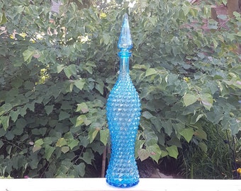 Vintage Blue Glass Genie Bottle, MCM Decanter