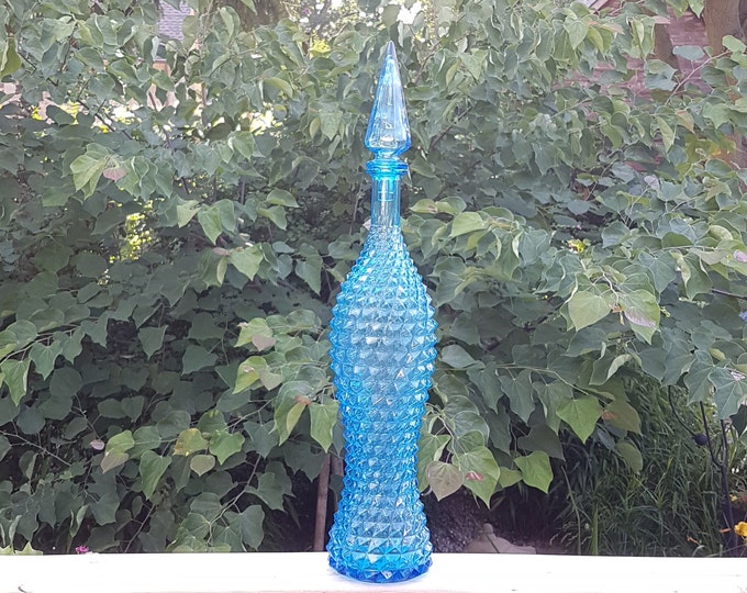Vintage Blue Glass Genie Bottle, MCM Decanter - FREE Shipping