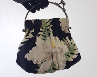 Vintage ABBA Hawaii, Black and White Hibiscus Print Fabric Purse, Unique Kiss Lock, Made in Hawaii