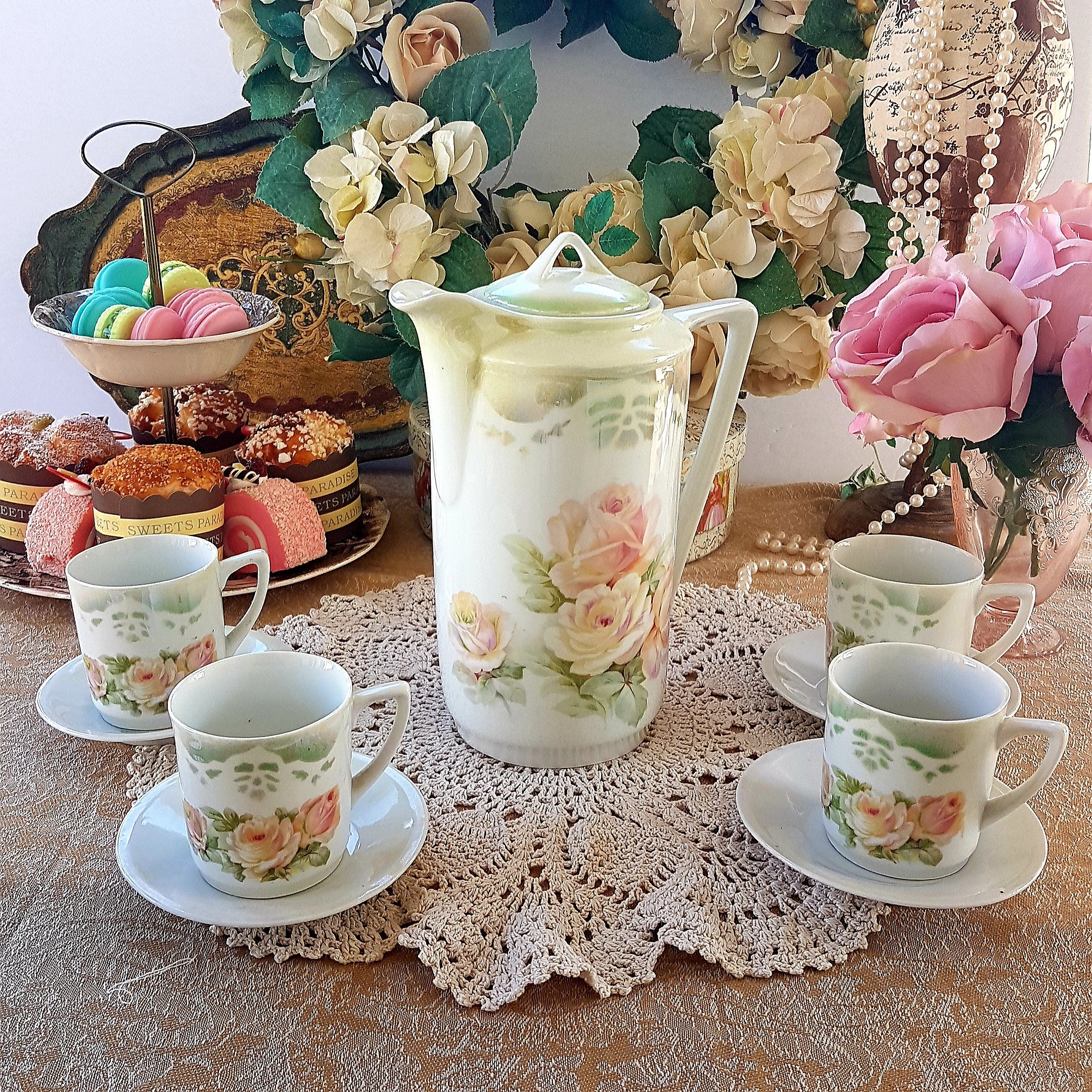 Antique Chocolate Pot Set With 4 Matching Tea Cup and Saucer Antique Chocolate Pot Set With 4 Matching Tea Cup and Saucer