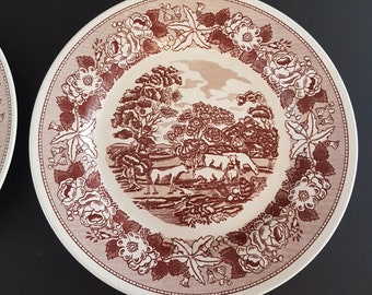 Fontebasso Italy Dinner Plates Set of 2: Brown Transferware Swiss Landscape