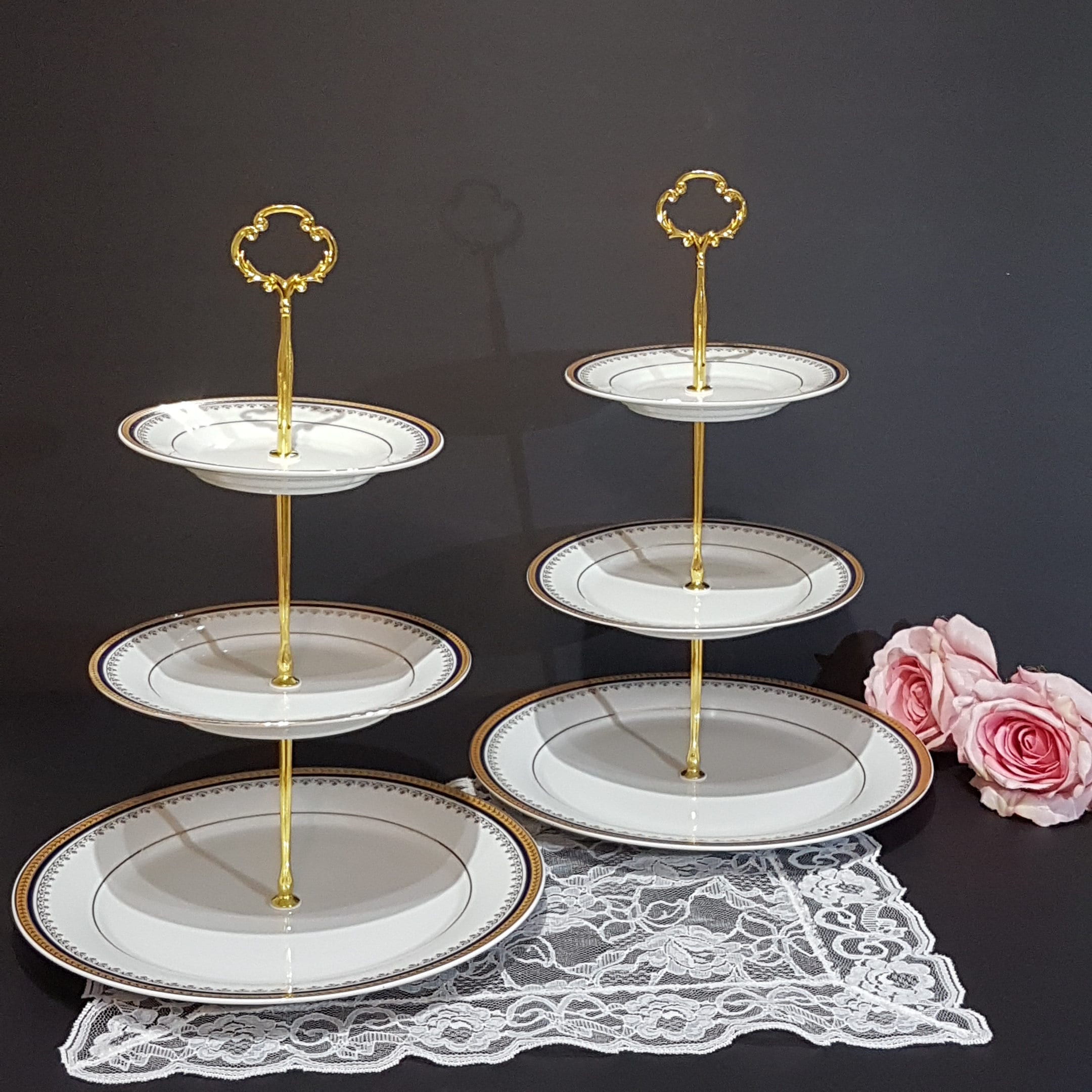 3 Tier Cake Stand, Royal Vienna, Pattern RVG2, Blue Band, Gold Laurel