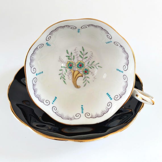 Rare 1930s Royal Albert Cornucopia Hand Painted Fine Bone China Teacup Saucer Set