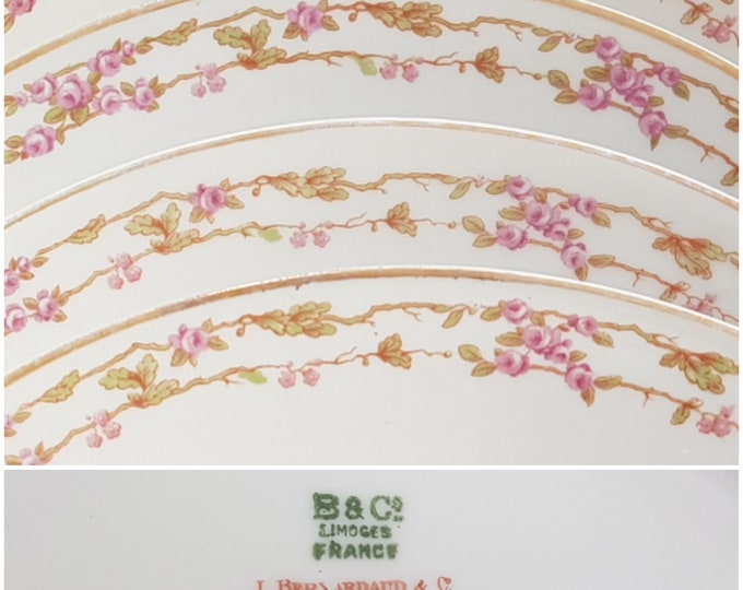 Bernardaud Limoges, Dinner Plates, 9.5 Inch, Set of 4, Pink Rose Vines on Rim, Pattern BER485, Made in France, 1900-1923