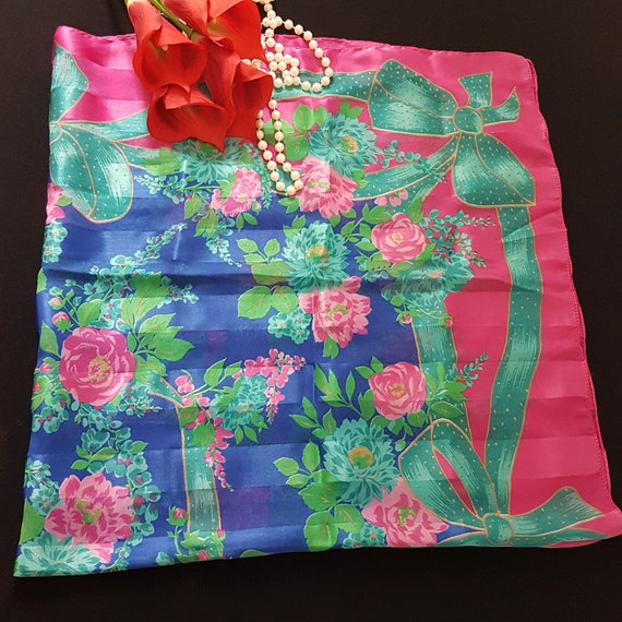 Italian Pink Teal Royal Blue Floral Square Scarf with Bow Pattern - Vintage Headscarf