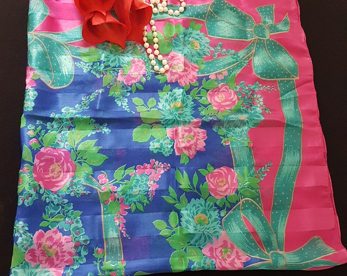 Italian Pink Teal Royal Blue Floral Square Scarf with Bow Pattern - Vintage Headscarf