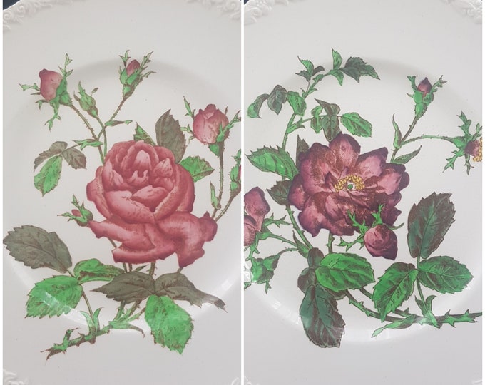 Mismatched Floral Dinner Plates, Cauldon England, 11 inch, Set of 2, Floral Scroll Embossed Rim, Made in England, 1930s