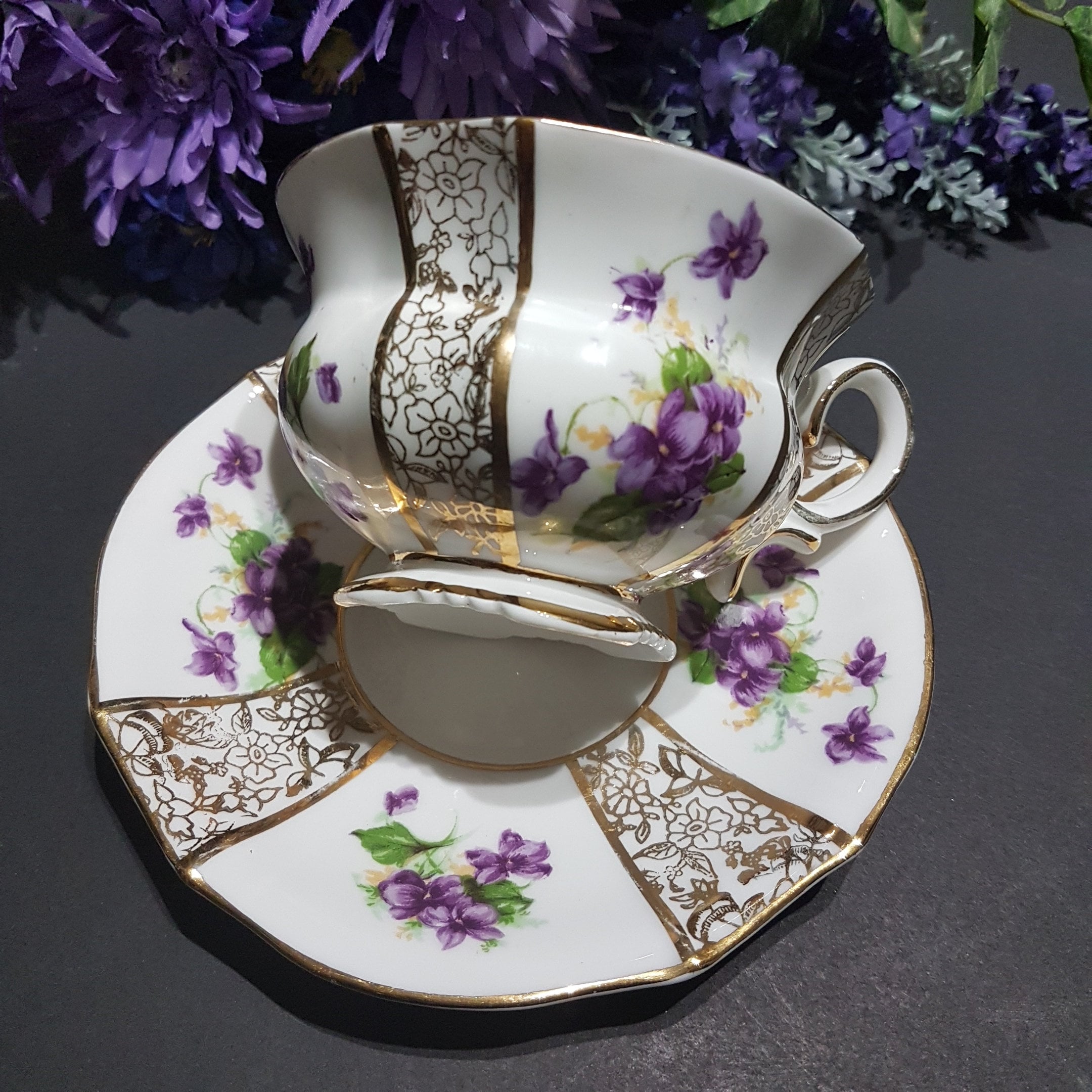 Collingwoods Bone China Tea Cup & Saucer Set, Purple Violets, Square