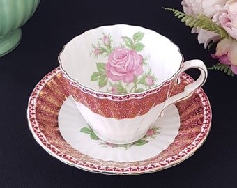 Tea Cup and Saucer, Vintage Gladstone Bone China,  Pink Roses, Pink with White Dots, Made in England, 1960-1970