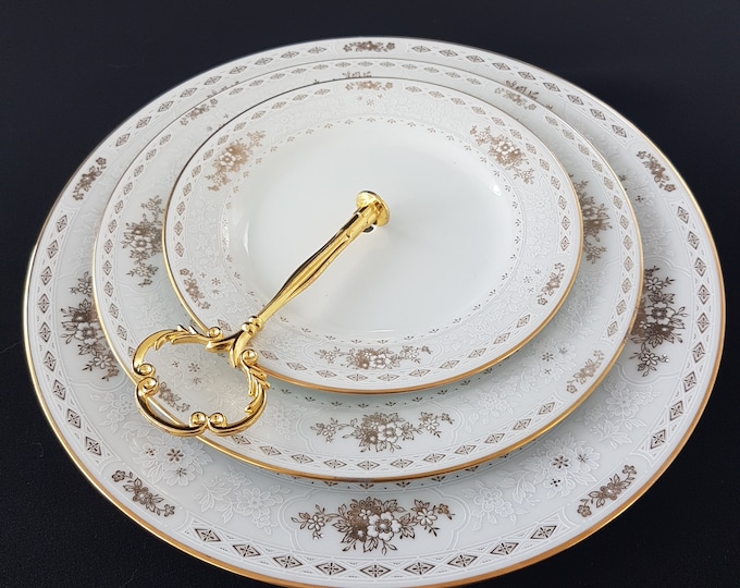 3 Tier Cake Stand, Noritake KEEGAN, Gold White Florals on White, Side Salad Dinner Plates, Tea Party, Serving Tray