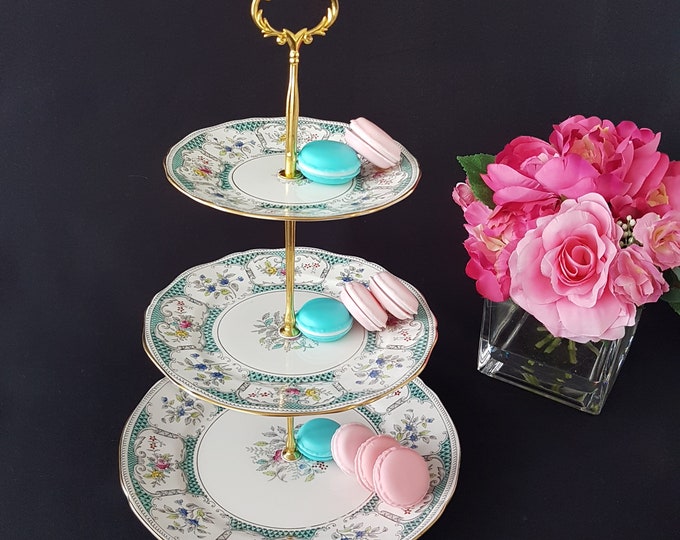 3 Tier Cake Stand, Hand Painted Floral LOWESTOFT Bone China Plates by Northumbria, Tea Party, Serving Tray, Wedding Gift Registry