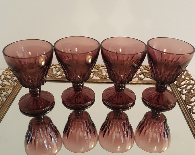 Set of 4 Hazel Atlas Moroccan Amethyst Wine Glasses, 4" Mid Century Purple Stemware, Vintage Barware, Champagne, Tall Sherbet Glass, 1960s