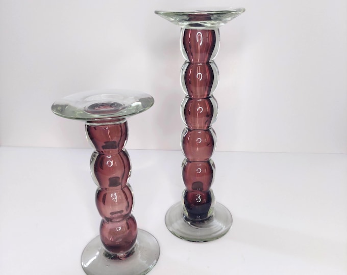 Blown Glass Pillar Candle Holder Set - Handmade Glass Art Centerpiece