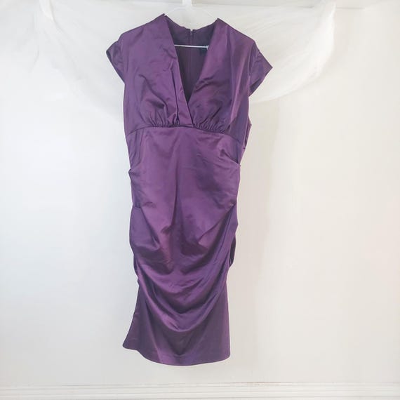 Cocktail Dress Purple Satin Ruched Formal Wedding Guest Size 16