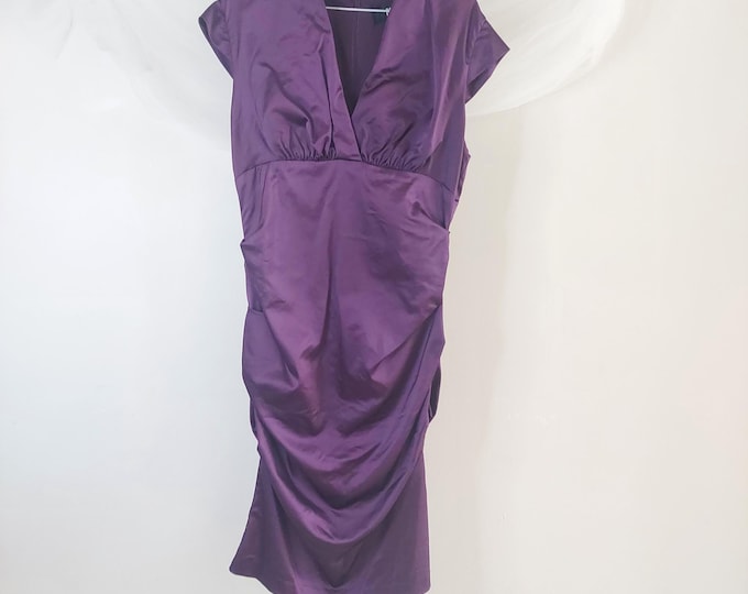 BA Nites Purple Satin Cocktail Dress Size 16, Ruched Formal Guest Wedding Dress
