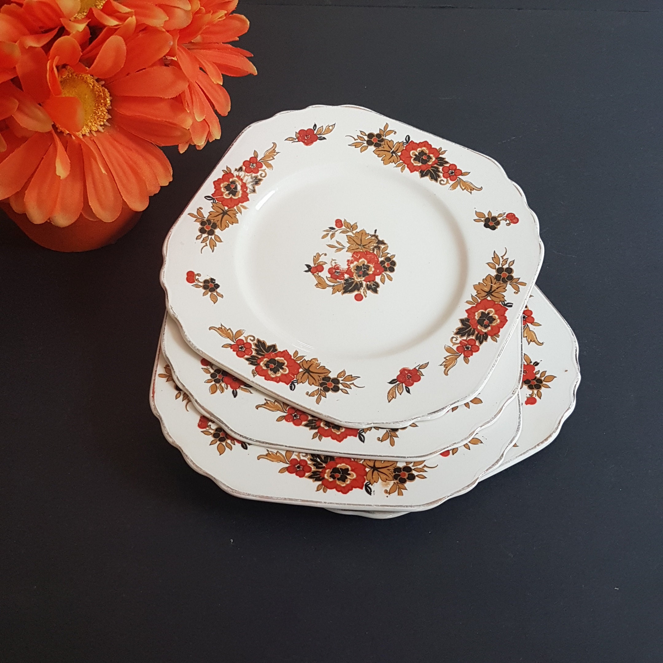 Set of 4 Wedgwood RICHELIEU Square Side Plates, Rust, Brown & Black