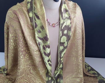 Olive Green Gold Paisley Pashmina Shawl - Silk Feel Jacquard Scarf Boho Evening Wrap