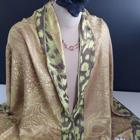 Olive Green Gold Paisley Pashmina Shawl - Silk Feel Jacquard Scarf Boho Evening Wrap