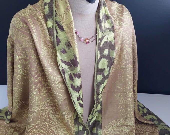 Olive Green Gold Paisley Pashmina Shawl - Silk Feel Jacquard Scarf Boho Evening Wrap