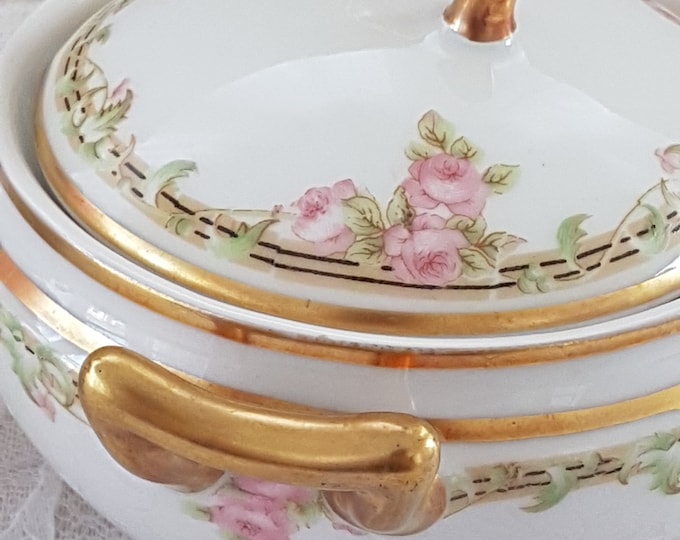 Elite Works Limoges, Sugar Bowl Creamer Set, BWD114 Bawo Dotter, Pink Roses, Black Lines, Made in France, 1920s