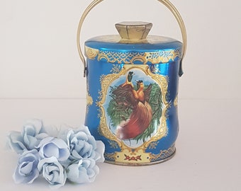 Vintage English Toffee Tin with Bale Handle, Pheasant Birds on Blue, Decorative Storage, Collectible English Tin, Candy Tin