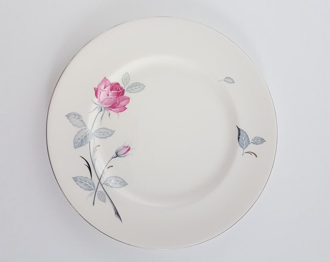 Zylstra TRENT ROSE Bone China Dinner Plate, Set of 2, Pink Rose, Gray Leaves, England